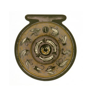 May include: A vintage-style fishing reel with a brown and gold design. The reel is decorated with images of fish and flies.