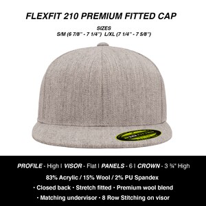 May include: A grey fitted baseball cap with a flat visor and 8 rows of stitching. The cap is made from a blend of acrylic, wool, and spandex. The text "FLEXFIT 210 PREMIUM FITTED CAP" is printed on the top of the cap. The text "SIZES S/M (6 7/8" - 7 1/4") L/XL (7 1/4" - 7 5/8")" is printed below the cap name.