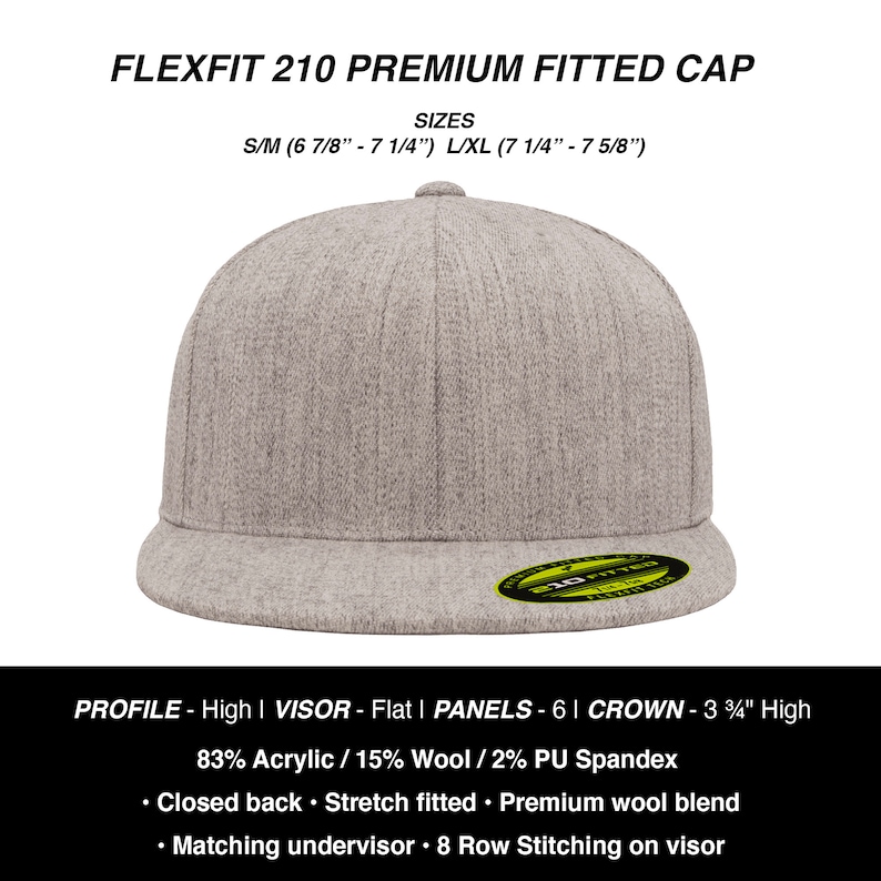 May include: A grey fitted baseball cap with a flat visor and 8 rows of stitching. The cap is made from a blend of acrylic, wool, and spandex. The text "FLEXFIT 210 PREMIUM FITTED CAP" is printed on the top of the cap. The text "SIZES S/M (6 7/8" - 7 1/4") L/XL (7 1/4" - 7 5/8")" is printed below the cap name.