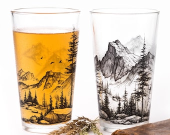 Mountain & Forest Pint Glasses, Set of 2 – Hand Printed 16 oz Beer Glasses