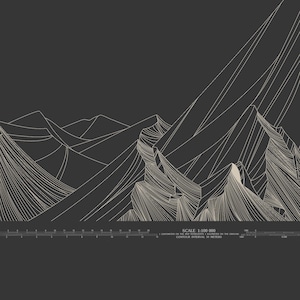 May include: A black and white line art illustration of a mountain range. The illustration includes a scale bar with the text "SCALE 1:100 000", "CENTIMETER ON THE MAP REPRESENTS 1 KILOMETER ON THE GROUND", and "CONTOUR INTERVAL 50 METERS".