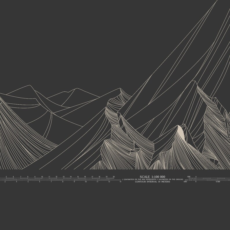 May include: A black and white line art illustration of a mountain range. The illustration includes a scale bar with the text "SCALE 1:100 000", "CENTIMETER ON THE MAP REPRESENTS 1 KILOMETER ON THE GROUND", and "CONTOUR INTERVAL 50 METERS".