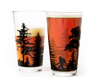 Bigfoot in the Forest Pint Glass - Bigfoot Themed Drinking Glasses - Sasquatch and Bigfoot Gifts - Set of Two Kitchen Glasses