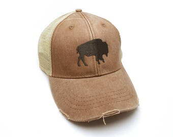 Rustic Buffalo Trucker Hat with Distressed Fabric - Unstructured Outdoor Trucker Cap - 3 Colors