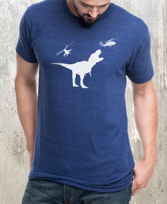 Men s Graphic Tees T rex T shirt Men T rex Vs Helicopters Dinosaur Shirt Men s Funny Screen Printed Tee Shirt Tri blend Indigo Etsy