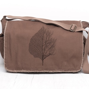 Bolso bandolera de lona de inspiración natural: diseño de hojas y árboles para hombre y mujer, marrón o azul.