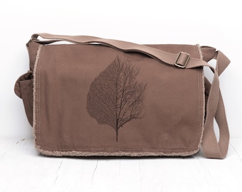 Canvas Cross Body Bag - Leaf & Tree - Leaf Messenger Bag Gift for Women/Men - Messenger Bag Men/Women | Brown or Blue