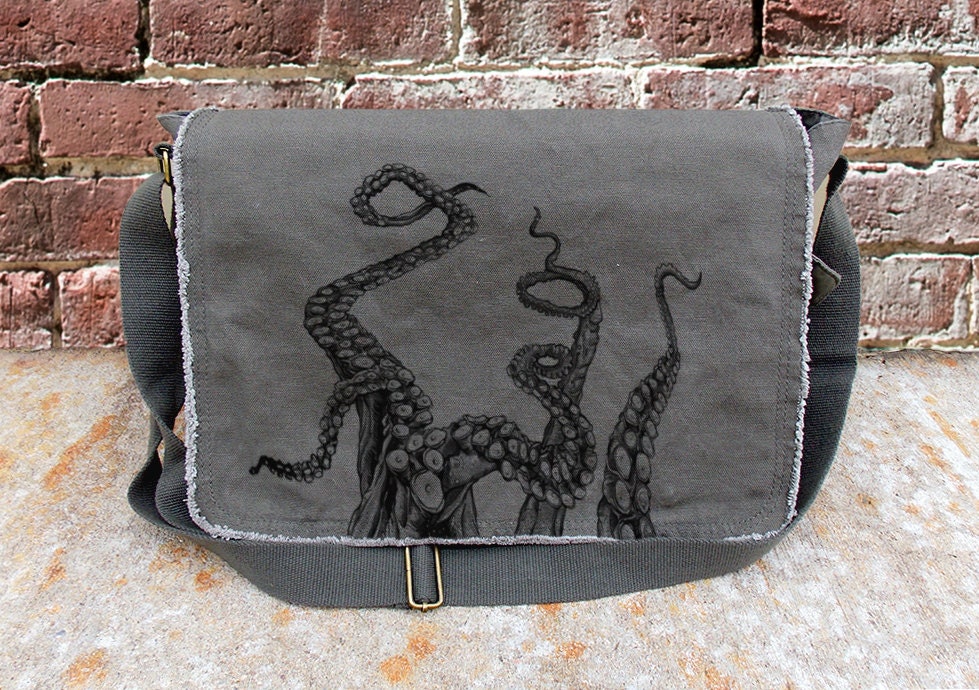 Octopus Tentacles Messenger Bag Khaki Green Cotton Canvas Etsy