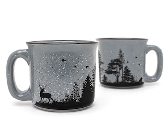 Speckled Ceramic Campfire Mug: Forest Animals Nature Landscape Scene, Large Coffee Mugs, 15oz Capacity