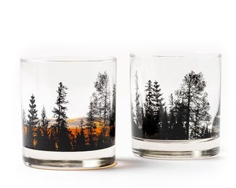 Forest Landscape Whiskey Glass Set – Nature Themed Glassware Gift for Men & Women, Hand Printed 11oz Tumblers – Outdoors and Cabin Bar Set