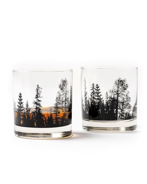 Forest Landscape Whiskey Glass Set – Nature Themed Glassware Gift for Men & Women, Hand Printed 11oz Tumblers – Outdoors and Cabin Bar Set