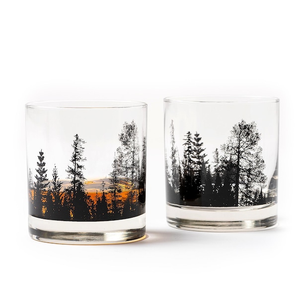 Forest Landscape Whiskey Glass Set – Nature Themed Glassware Gift for Men & Women, Hand Printed 11oz Tumblers – Outdoors and Cabin Bar Set
