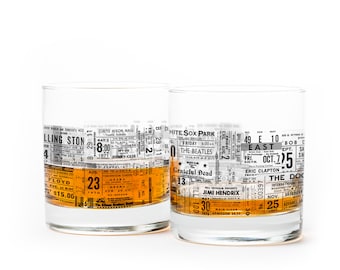 Concert Ticket Whiskey Glasses - Set of Two Music Cocktail Glasses - Rock and Roll Themed Whiskey Tumblers - Music Gifts and Glassware