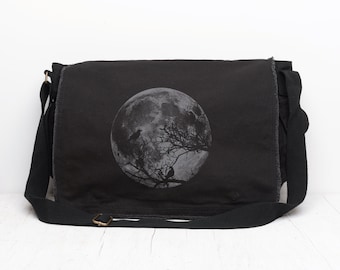Canvas Messenger Bag - Moon and Ravens - Canvas Shoulder Bag - Moon Tote Bag Work - Gift for Her - Womens Laptop Bag
