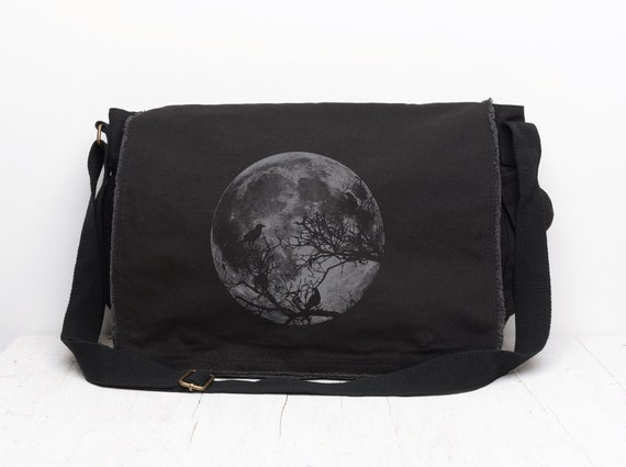 Canvas Messenger Bag Moon and Ravens Canvas Shoulder Bag Moon Tote Bag Work  Gift for Her Womens Laptop Bag 
