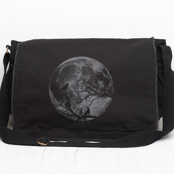 Canvas Messenger Bag - Moon and Ravens - Canvas Shoulder Bag - Moon Tote Bag Work - Gift for Her - Womens Laptop Bag