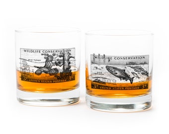 Wildlife Conservation Rock Glass Set - Animals and Nature Whiskey Glasses - Outdoorsman Gift - Whiskey Tumbler Set of Two 11oz.