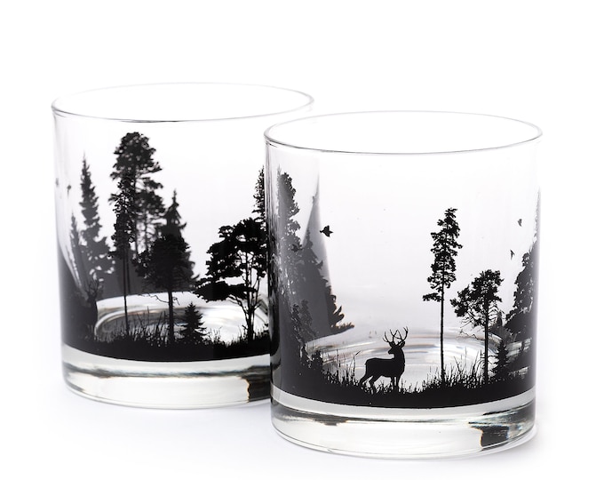 Whiskey Glasses - Forest Animals - Forest Rock Glasses - Whiskey Tumbler - Gifts for Her - Whiskey Glasses Set of Two