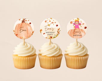 Pumpkin Cupcake Topper, Editable Autumn Cupcake Decoration, Fall Girl Birthday Party Template, Instant Digital Download, fall500