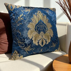 Luxury Blue and Gold Throw Pillow Cover: Elegant Baroque Cushion