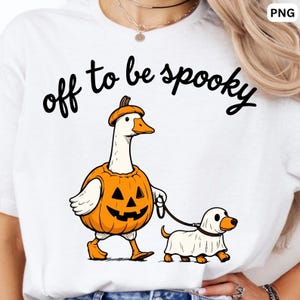 Off to Be Spooky Goose PNG, Goose Walking Ghost Dog PNG, Pumpkin Bucket Goose, Funny Halloween Goose, Sublimation Design