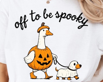 Off to Be Spooky Goose PNG, Goose Walking Ghost Dog PNG, Pumpkin Bucket Goose, Funny Halloween Goose, Sublimation Design