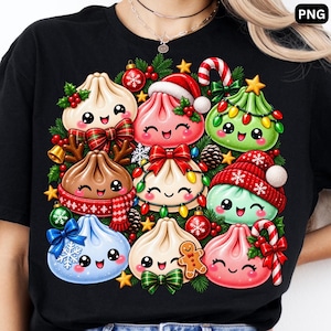 以下が含まれることがあります： 黒いTシャツに、サンタの帽子、キャンディケイン、イルミネーション、松の枝、ヒイラギ、小さなジンジャーブレッドマンなどのクリスマスアイテムで飾られた、カラフルで笑顔の餃子キャラクターが複数描かれたお祝いのグラフィックがプリントされています。