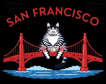 San Francisco gato png, diseño de gato puente Golden Gate, linda ilustración de animal de ciudad, divertido arte de gato viajero, ambiente californiano png