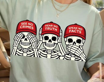 See No Crimes Hear No Truth Speak No Facts Design PNG, Dark Humor Skull Graphic, Sarcastic Quote Art