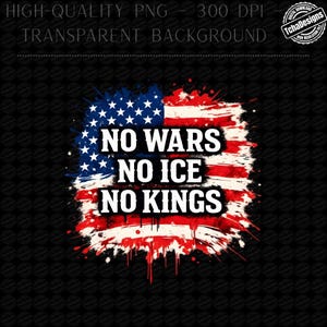 Op de afbeelding: Een grafisch ontwerp met de Amerikaanse vlag en een distressed effect. De tekst "NO WARS, NO ICE, NO KINGS" is wit. De achtergrond is zwart met een herhalend patroon. Geschikt voor digitale downloads.