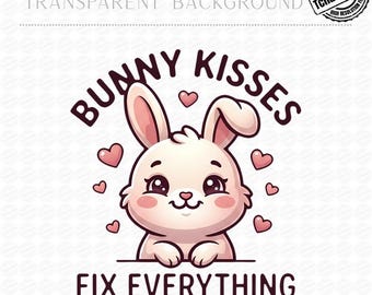 Besos de conejito arreglan todo PNG, Lindo diseño de conejito kawaii, Gráfico con cita de amor divertida, Estampado para camiseta de San Valentín, Regalo para chicas