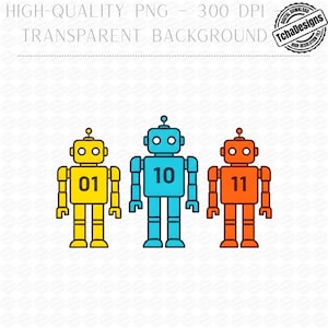 01 10 11 robot png, binary code robot trio design, retro geek tech graphic, coder humor shirt print, programmer gift idea