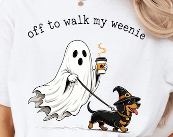 Funny Halloween Ghost Walking Dachshund PNG, Off To Walk My Weenie Design, Cute Witch Wiener Dog, Spooky Coffee PNG Gift