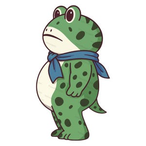 May include: A cartoon illustration of a green frog with dark green spots and a blue scarf. The frog has a large belly and a slightly grumpy expression. The frog is standing upright.