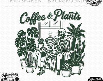 Archivo PNG de café y plantas, clipart de esqueleto tomando café, gráfico de mujer planta, descarga digital de jardinería