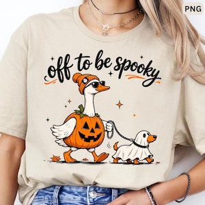 Off to Be Spooky Goose PNG, Goose Walking Ghost Dog PNG, Pumpkin Bucket Goose, Funny Halloween Goose, Sublimation Design