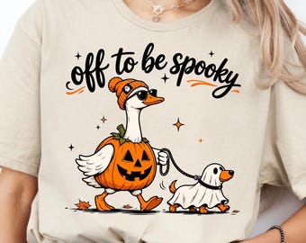 Off to Be Spooky Goose PNG, Goose Walking Ghost Dog PNG, Pumpkin Bucket Goose, Funny Halloween Goose, Sublimation Design