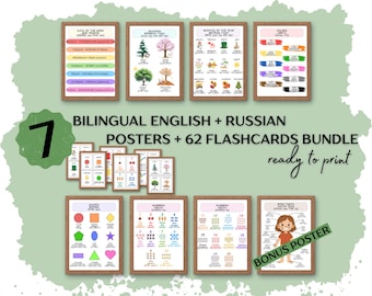 Russian English Learning Bundle | Posters & Flash Cards | Printable PDF Set | Colors, Numbers, Days, Shapes, Months, Seasons, Body