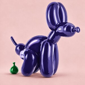 Peut inclure: Une sculpture de chien en ballon violet profond et brillant en position accroupie, avec une surface lisse et réfléchissante. Un petit objet ballon vert et rond est posé au sol derrière le chien. Le texte Studio Essence est visible en bas.