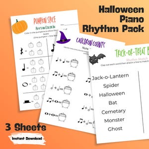 May include: A Halloween Piano Rhythm Pack with three sheets. The sheets feature pumpkin-themed rhythm exercises, cauldron counting, and a trick-or-treat rhythm match game. The text includes "Pumpkin Spice", "Cauldron Counts", and "Trick-or-Treat".