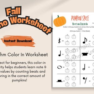 May include: A fall-themed piano worksheet with the text "Fall Piano Worksheet" in orange and black. The worksheet includes musical notes and pumpkins for a rhythm color-in activity. The text "Instant Download" is also present.