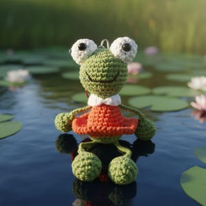 May include: A handmade crochet frog keychain with large white eyes, a green body, and an orange dress. The frog has a white collar and green arms and legs. The background shows a pond with lily pads and flowers.
