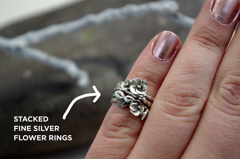 Fine Silver Flower and Twig Ring Size 5.25