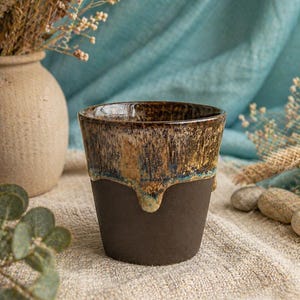 Handmade Ceramic Espresso Cup – Rustic Brown Drip Glaze Mug – Small Coffee Cup – Unique Pottery Gift – Minimalist Kitchen Decor