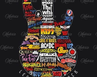Rock Legends Guitar Collage PNG | Classic Rock Band Logos (Digital Download)