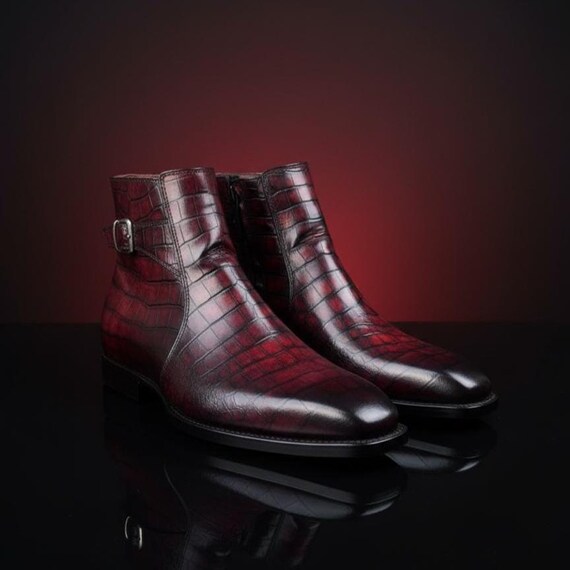 Handmade Oxblood Alligator Embossed Leather Ankle Boots - Etsy display picture 3