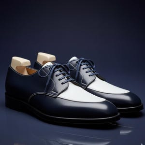 Handmade Men's Derby Shoes Two-tone Navy Blue and White, Made to