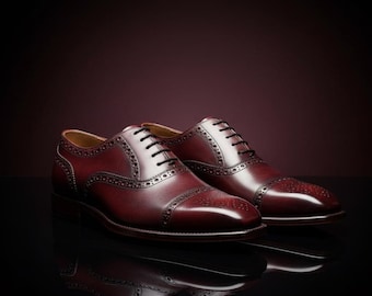 Handmade Men’s Oxford Brogues Oxblood Leather Cap Toe, Made to Order Dress Shoes