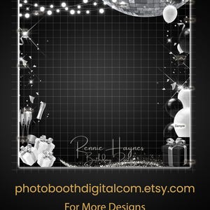 May include: A black and white digital photo booth backdrop with a grid pattern, string lights, a disco ball, and balloons. The text "Rennie Haynes Birthday Party" is featured, along with the Etsy shop URL.