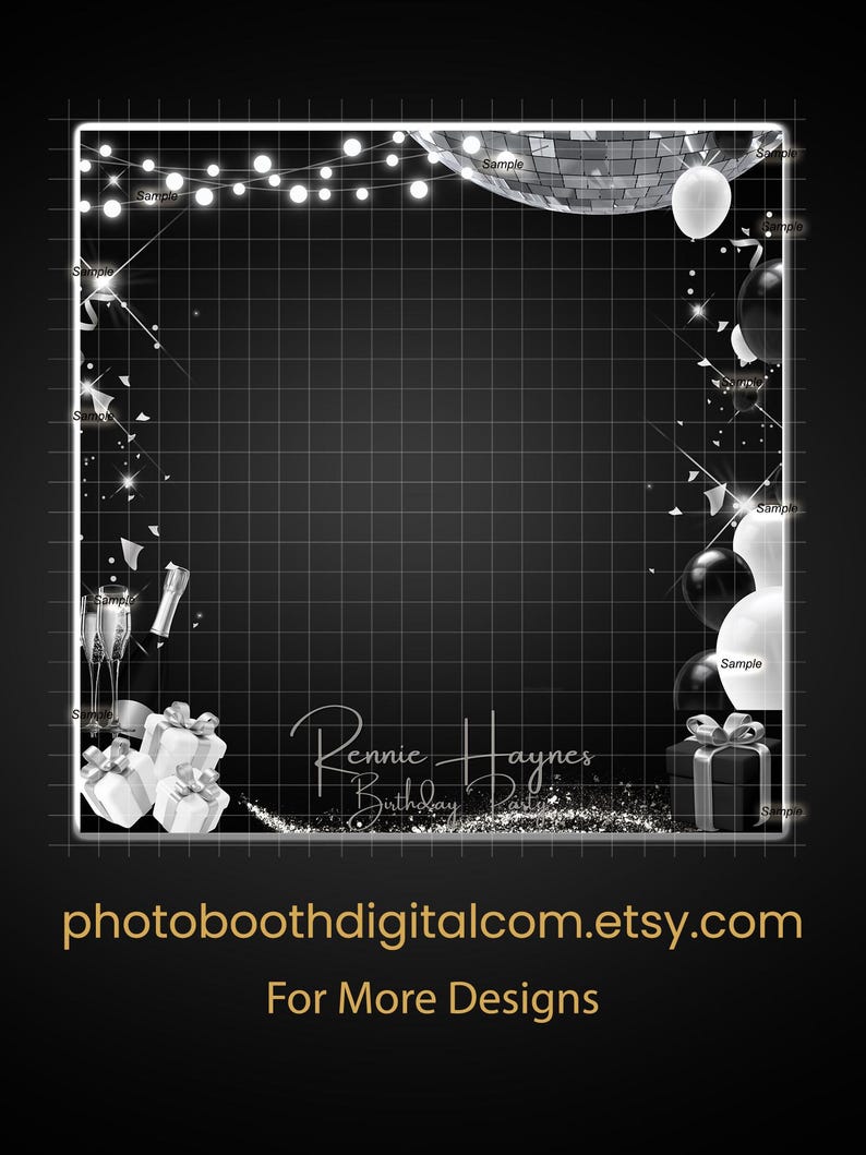May include: A black and white digital photo booth backdrop with a grid pattern, string lights, a disco ball, and balloons. The text "Rennie Haynes Birthday Party" is featured, along with the Etsy shop URL.